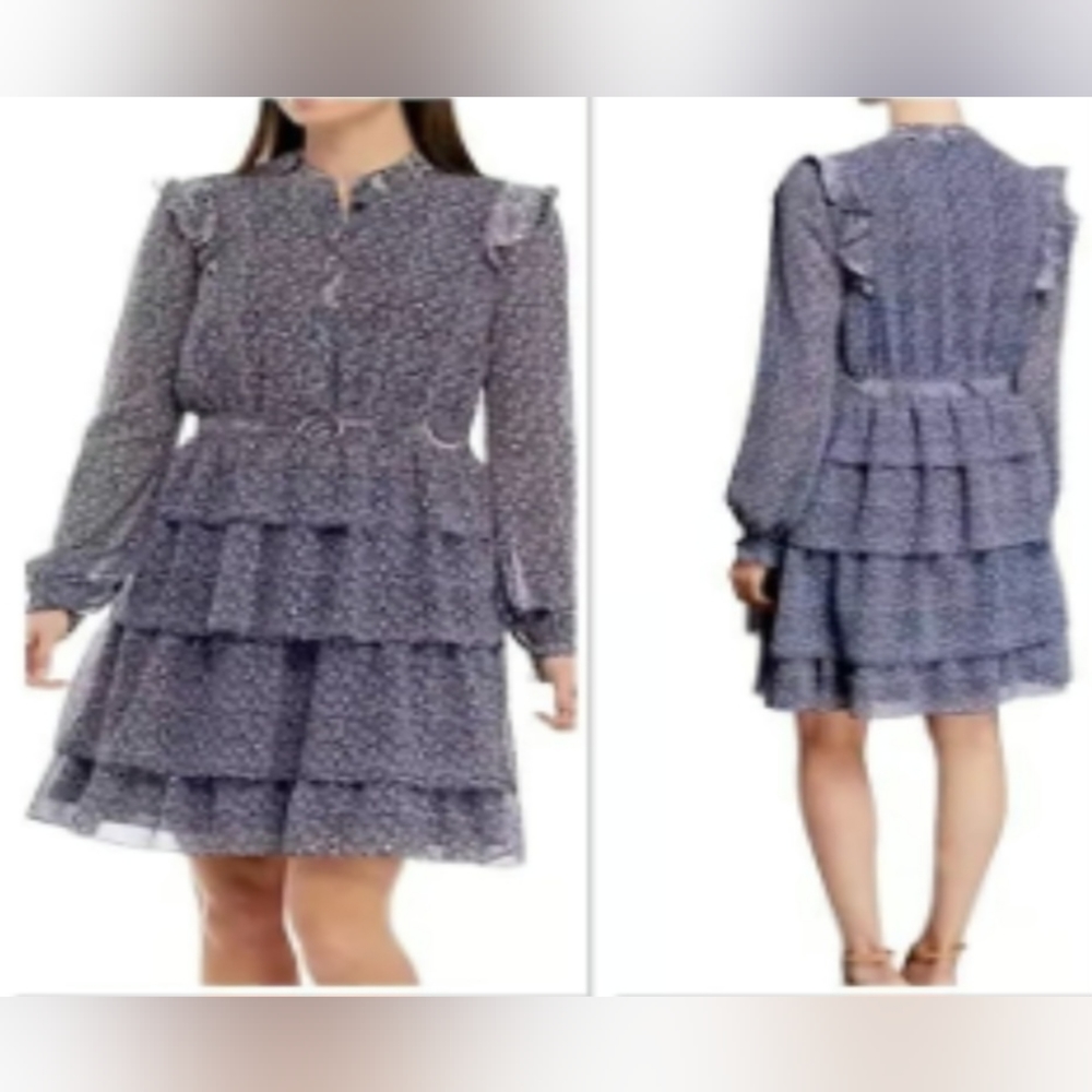 Michael Kors Size 8 Navy Blue Sheath Micro Floral Tiered Dress Long-Sleeve